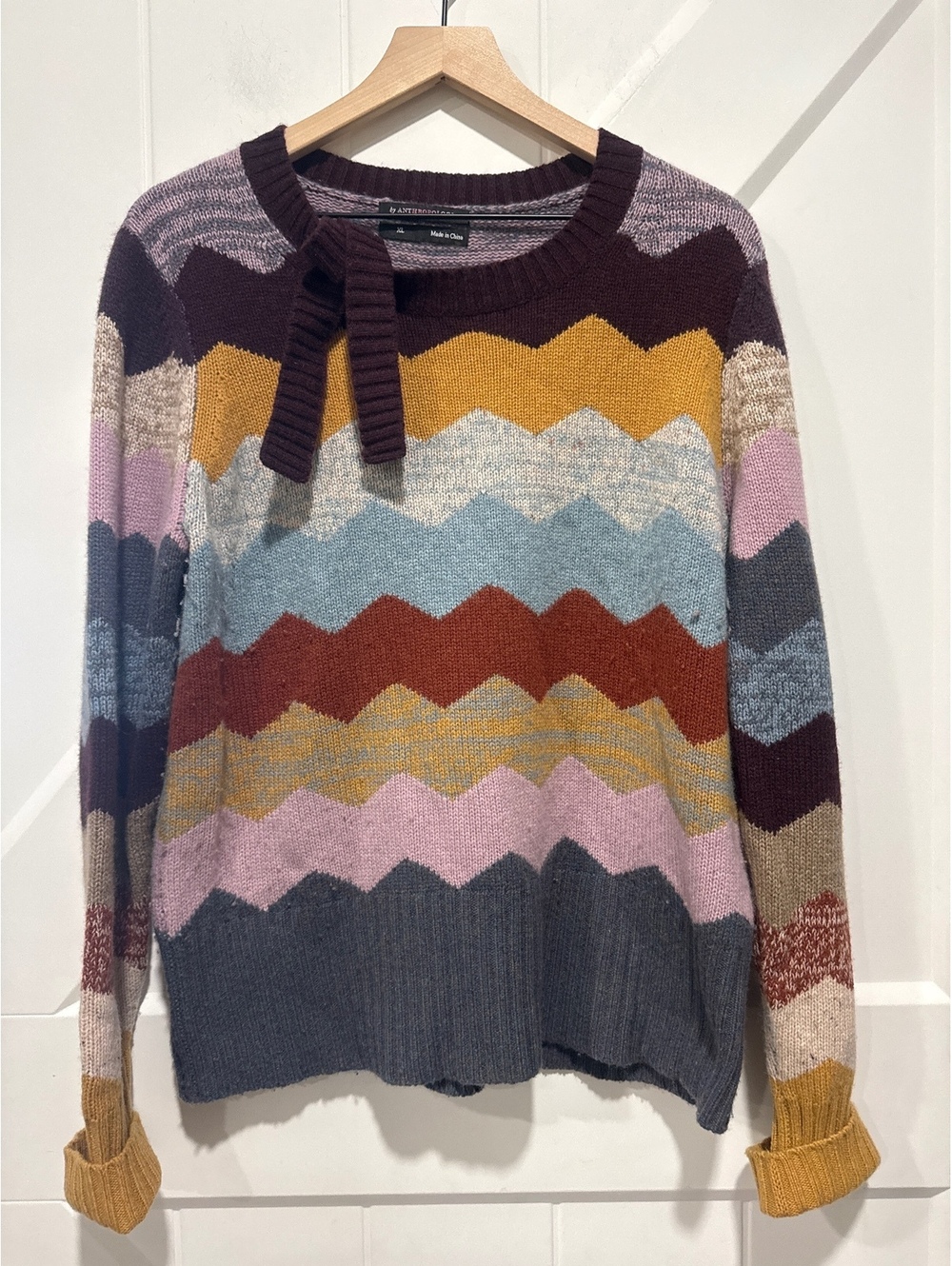 Anthropologie Cashmere Multicolor Chevron Knit Sweater with Bow Detail, XL